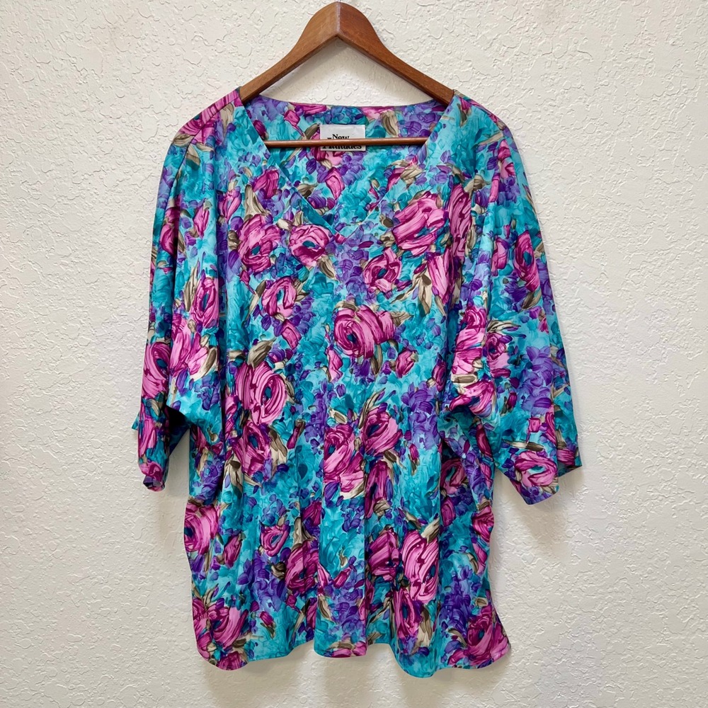 VTG New Attitudes Floral‎ Blouse Turquoise Magenta Dolman Sleeve USA 1X 80s